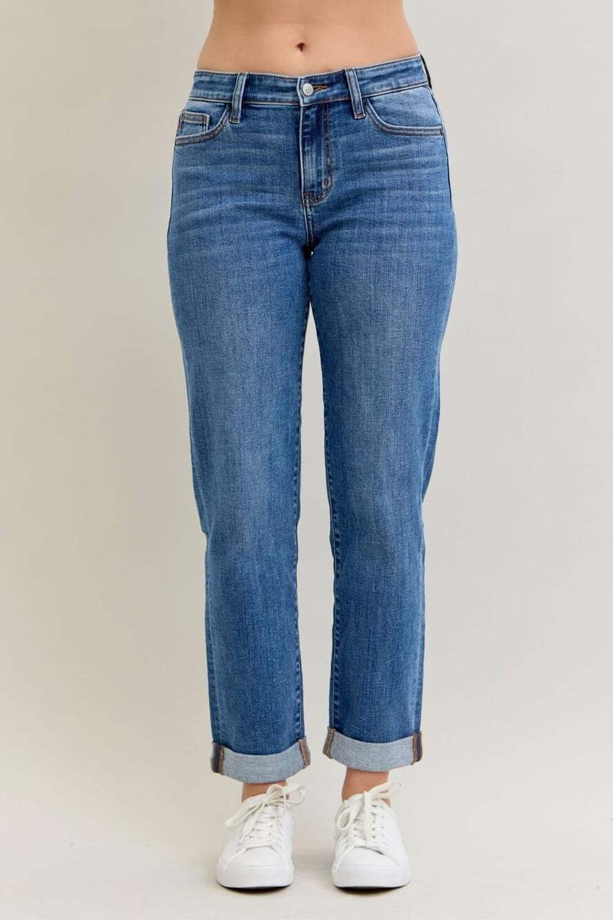 Judy Blue Women 16W Boyfriend Denim Jeans Mid Rise Classic Cuffed Medium Wash